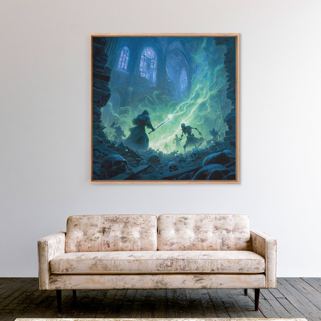Wizard Versus Skeleton Army Wall Art, Gothic Fantasy Canvas Print, Dark Cathedral Magic Decor, Spooky Halloween Gift For Him