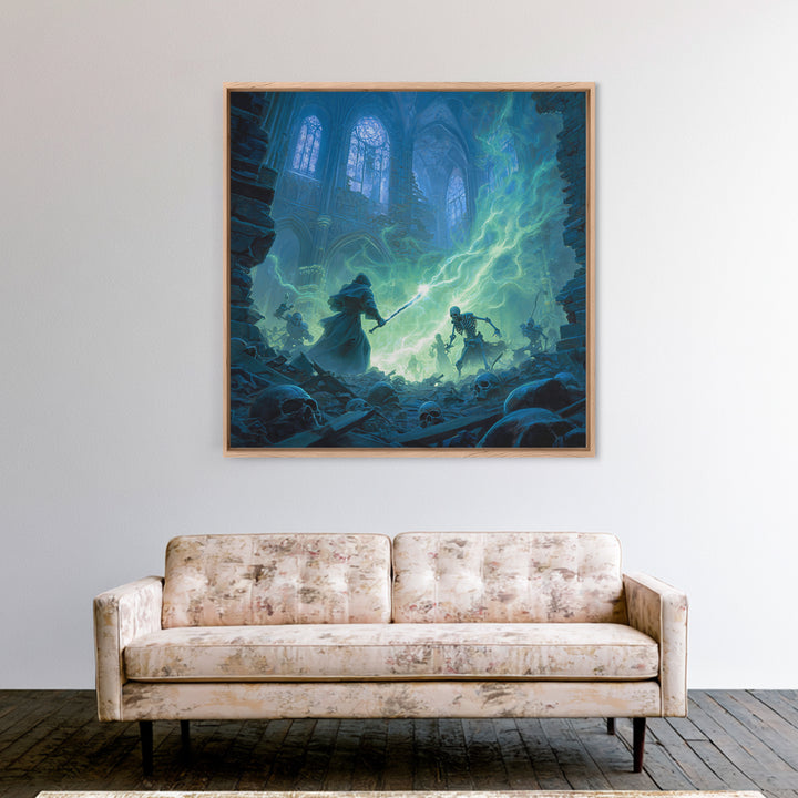 Wizard Versus Skeleton Army Wall Art, Gothic Fantasy Canvas Print, Dark Cathedral Magic Decor, Spooky Halloween Gift For Him