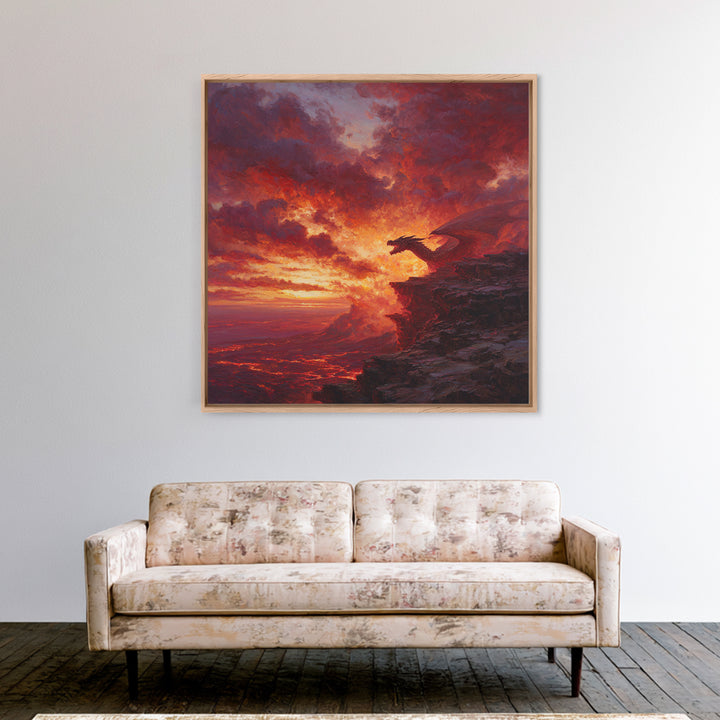 Red Dragon At Volcanic Sunset Wall Art, Dark Fantasy Canvas Print, Lava Landscape Decor, Large Moody Gamer Room Gift For Him