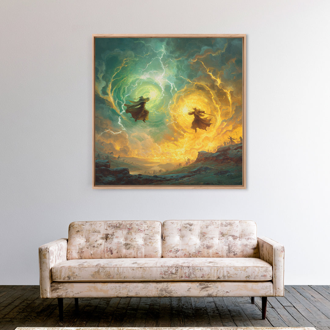 Dueling Mages With Lightning Portals Wall Art, Epic Fantasy Canvas Print, Magical Landscape Decor, Large Gamer Room Gift For Him