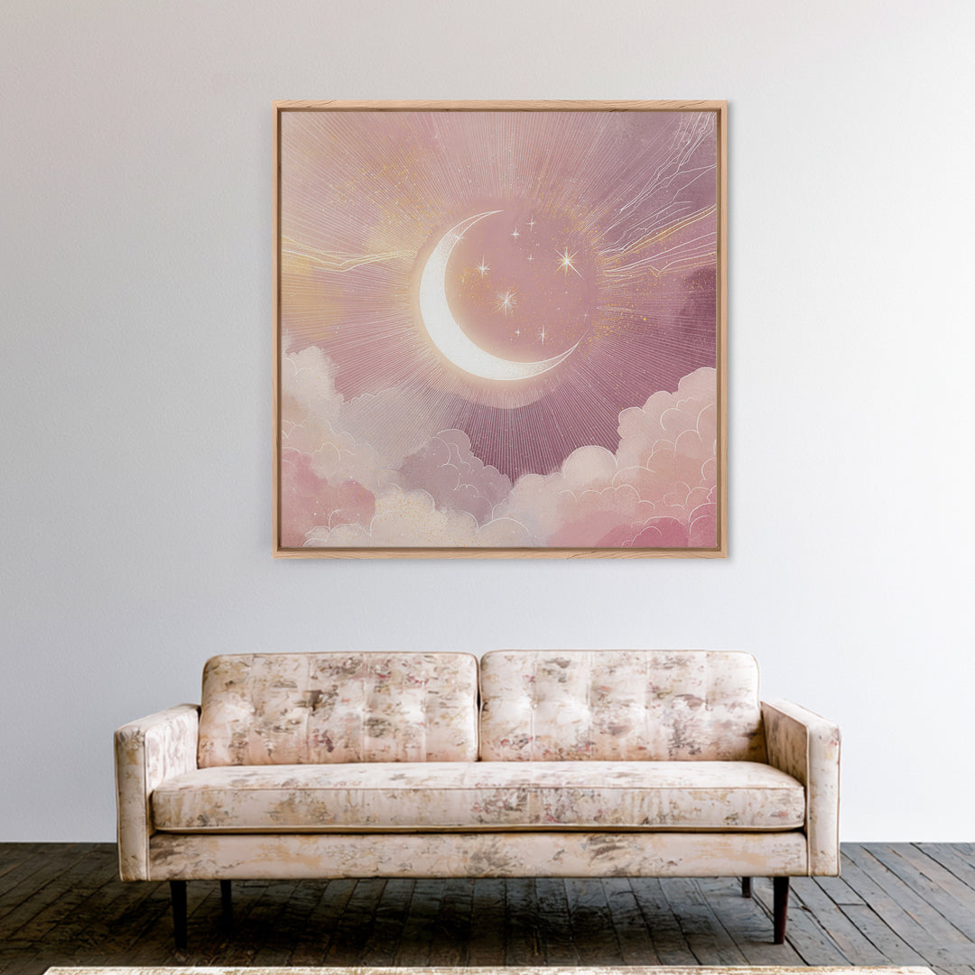 Crescent Moon In Pink Clouds With Stars Wall Art, Celestial Nursery Decor, Mystical Pastel Bedroom Print, Boho Moon Gift