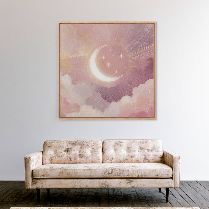 Crescent Moon In Pink Clouds With Stars Wall Art, Celestial Nursery Decor, Mystical Pastel Bedroom Print, Boho Moon Gift