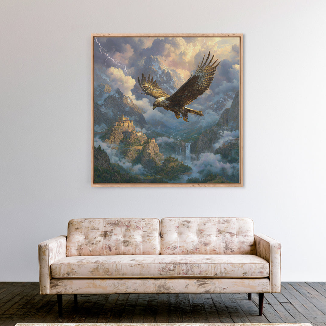 Soaring Eagle Over Stormy Mountain Castle Wall Art, Fantasy Landscape Canvas, Dramatic Wildlife Decor, Epic Gift For Him