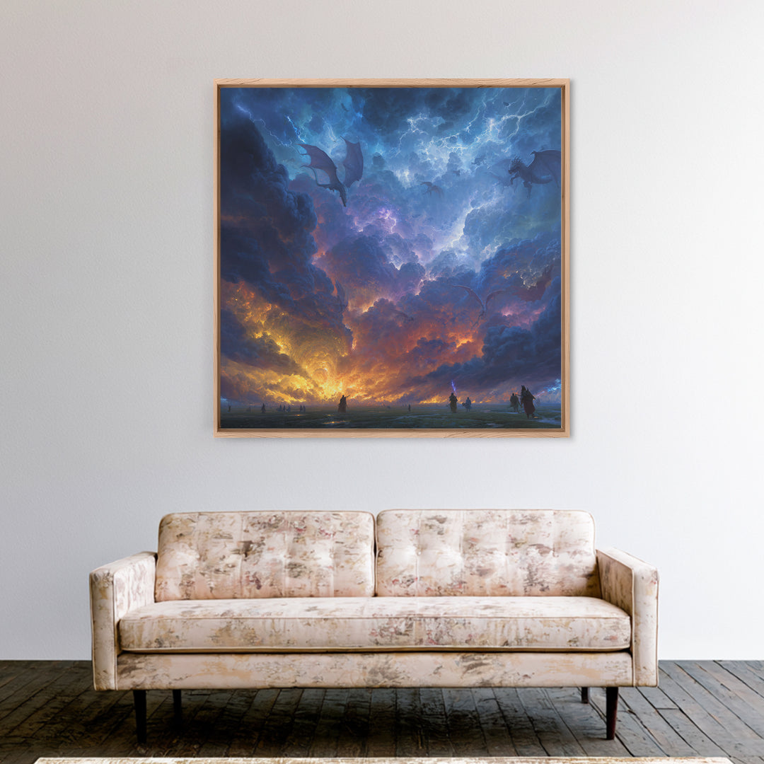 Lightning Dragons In Storm Clouds Canvas Print, Dark Fantasy Wall Art, Epic Gaming Room Decor, Dramatic Sky Gift For Him