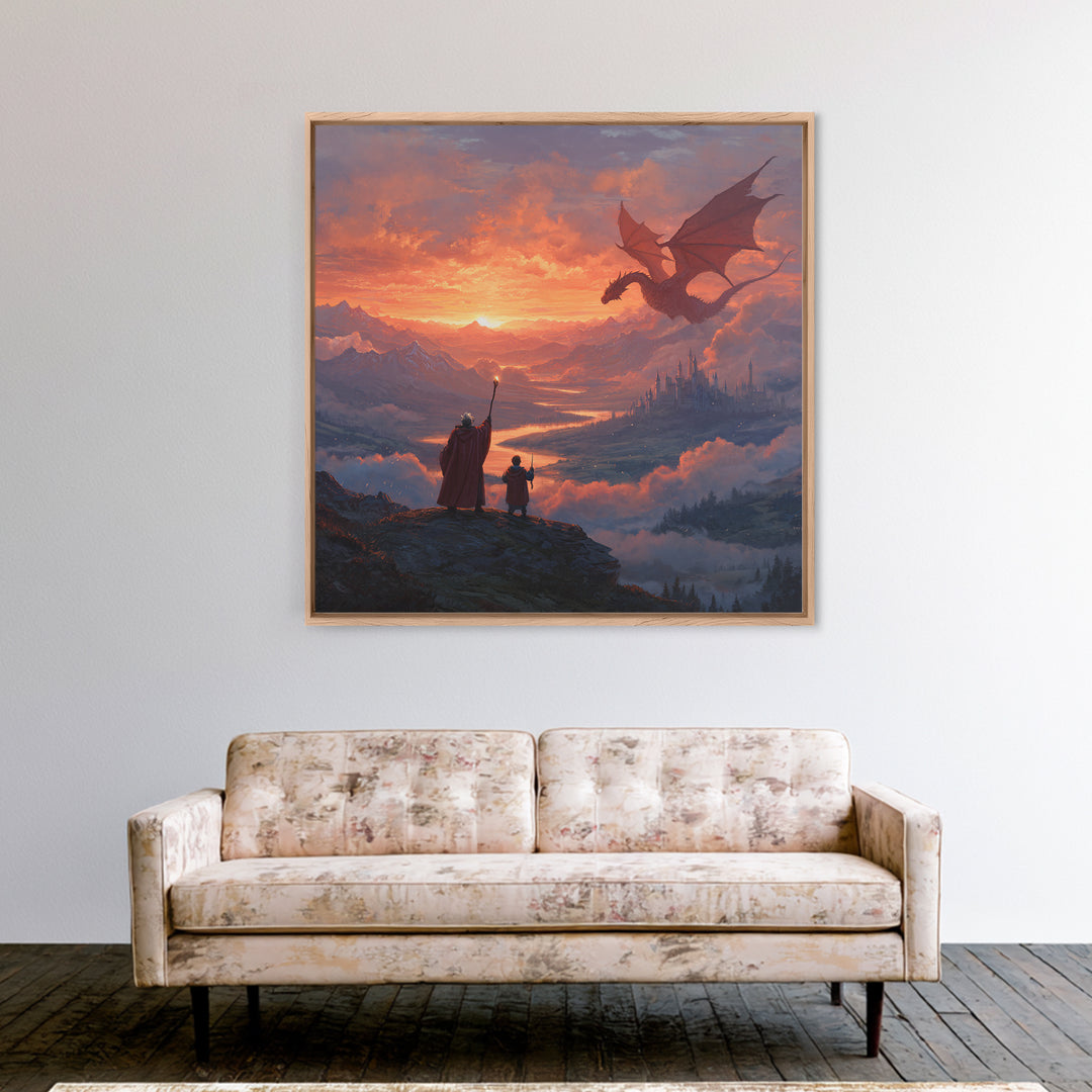 Sunset Dragon Over Mountain Valley Framed Canvas Print, Fantasy Castle Wall Art, Wizard Adventure Decor, Epic Gift For Him
