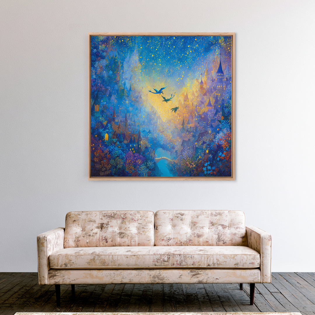 Blue Enchanted City With Golden Stars Canvas Print, Whimsical Fairy Tale Wall Art, Fantasy Castle Decor, Magical Gift For Her