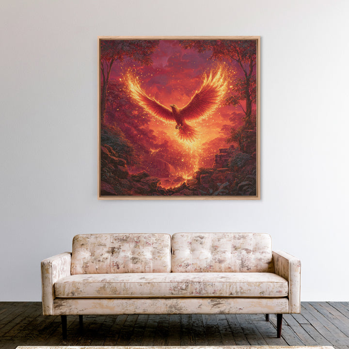 Fiery Phoenix Rising In Red Forest Canvas Print, Mythical Bird Wall Art, Epic Fantasy Wildlife Decor, Dramatic Gift For Her