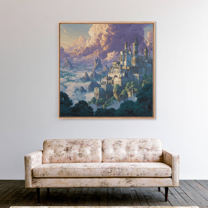 Majestic White Castle Above Clouded Mountains Wall Art, Fantasy Landscape Canvas Print, Fairytale Home Decor Gift For Her