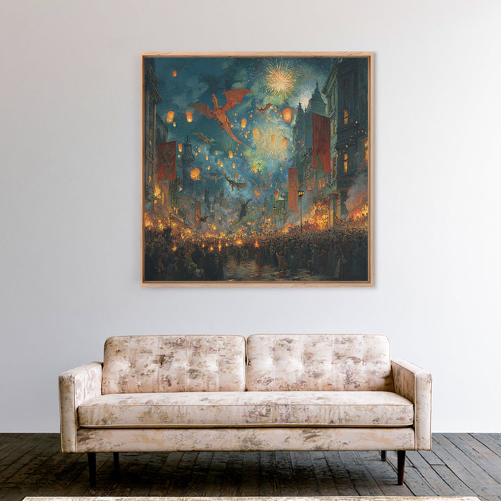 Dragon Festival Over Lantern Lit Medieval City Canvas Print, Fantasy Celebration Wall Art, Fireworks Decor, Epic Gift For Him