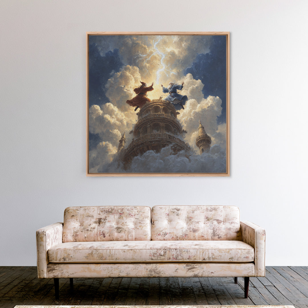Wizards Dueling Atop Tower In Storm Clouds Wall Art, Dark Fantasy Canvas Print, Lightning Magic Decor, Epic Gift For Him