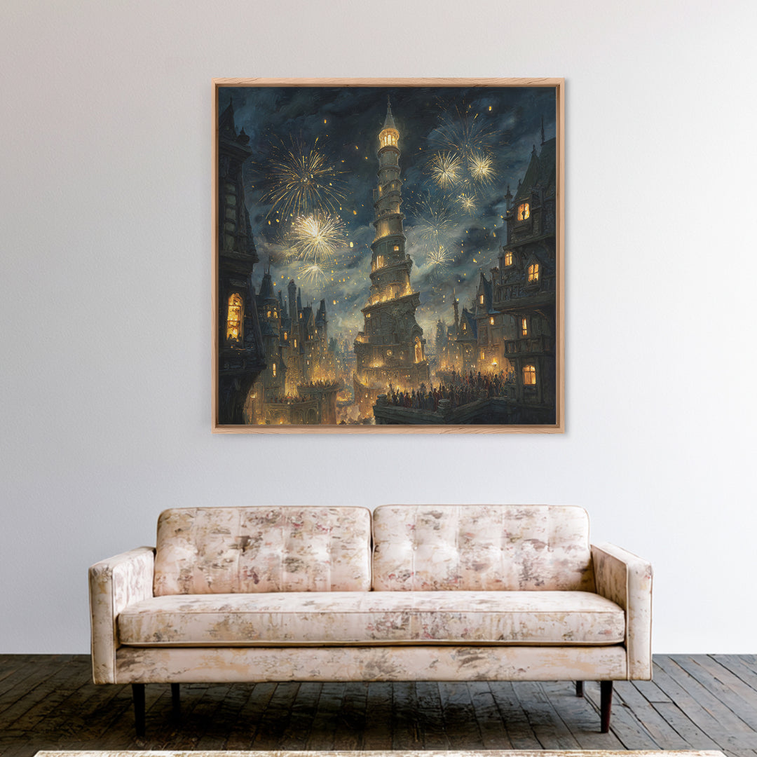 Fireworks Over Leaning Fantasy Tower Framed Canvas Print, Medieval Magical City Wall Art, Night Festival Decor, Gift For Her