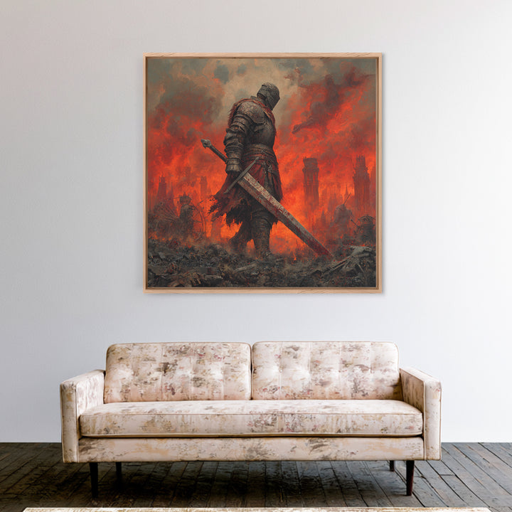 Armored Knight In Burning Battlefield Wall Art, Dark Fantasy Canvas Print, Medieval Warrior Decor, Gothic Game Room Art Print