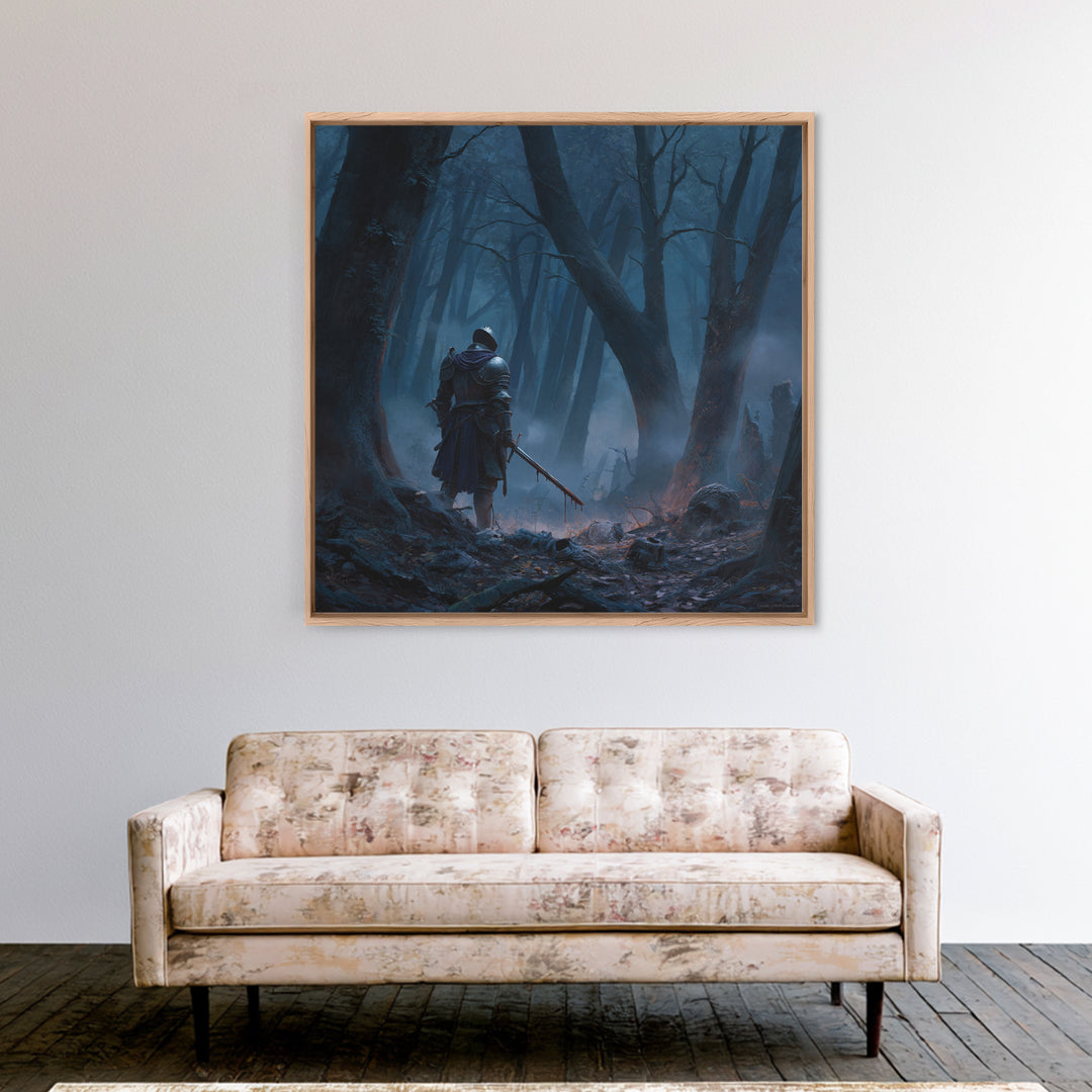 Lone Knight In Misty Blue Forest Wall Art, Dark Fantasy Canvas Print, Medieval Warrior Decor, Gothic Office Art Print Gift