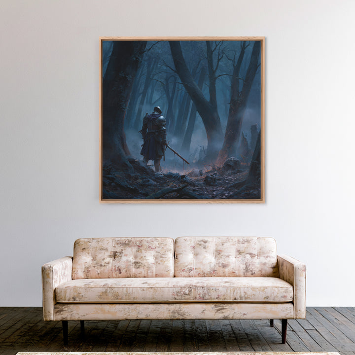 Lone Knight In Misty Blue Forest Wall Art, Dark Fantasy Canvas Print, Medieval Warrior Decor, Gothic Office Art Print Gift