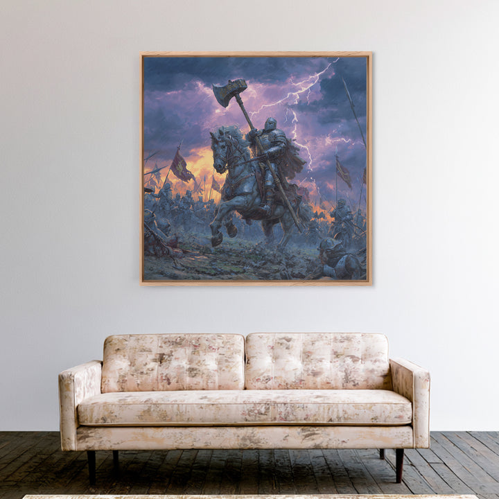 Mounted Knight With War Axe Wall Art, Medieval Battle Canvas Print, Stormy Fantasy Decor, Gothic Warrior Gift For Him Print
