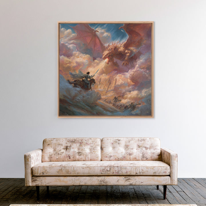 Hero Knight Facing Twin Dragons Wall Art, Epic Fantasy Canvas Print, Dragon Battle Decor, Medieval Adventure Gift For Him
