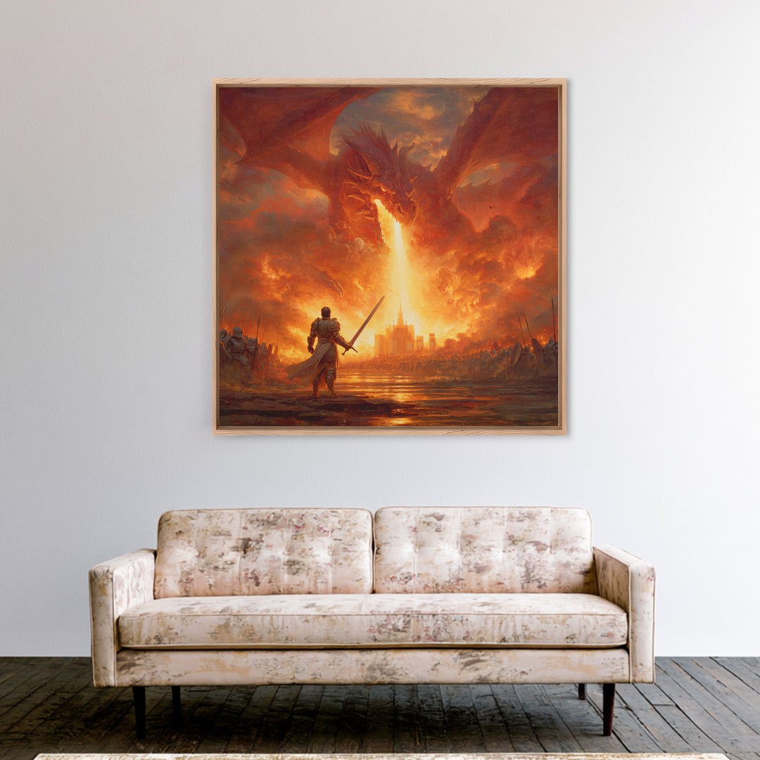 Giant Fire Dragon Over Castle Wall Art, Epic Fantasy Canvas Print, Large Medieval Battle Decor, Dragon Lover Gift For Him