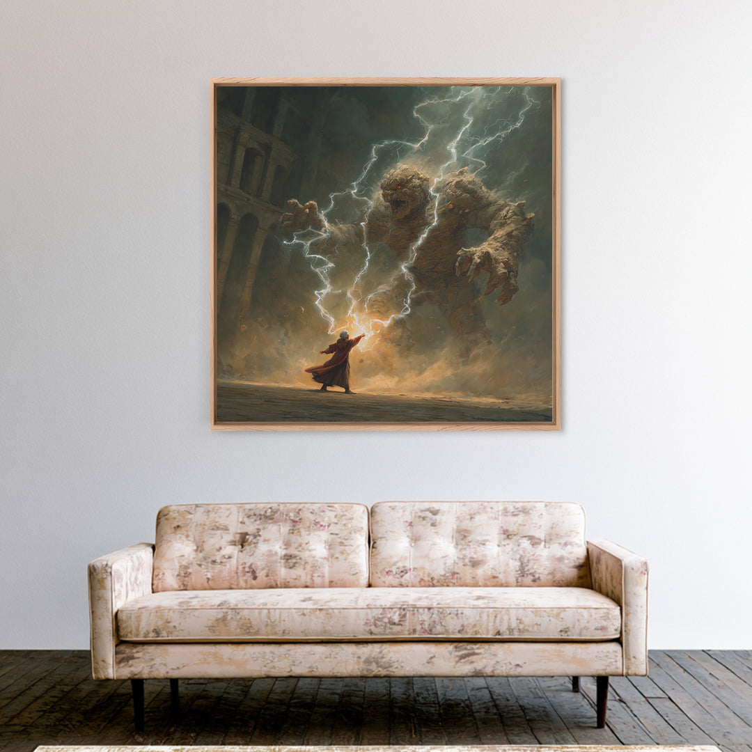 Wizard Battling Lightning Stone Golem Wall Art, Dark Fantasy Canvas Print, Magic Ruins Decor, Epic Sorcerer Art Gift Print