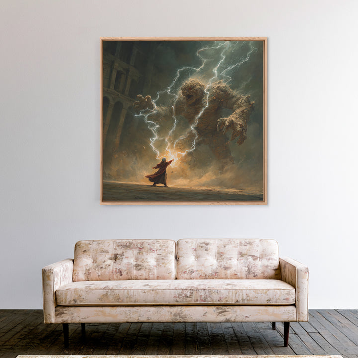 Wizard Battling Lightning Stone Golem Wall Art, Dark Fantasy Canvas Print, Magic Ruins Decor, Epic Sorcerer Art Gift Print