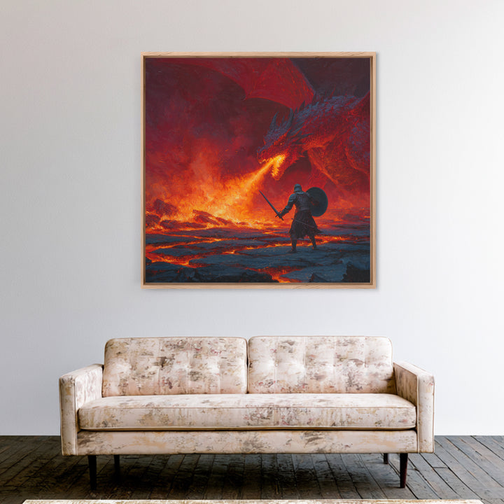 Red Dragon Breathing Fire At Knight Wall Art, Dark Fantasy Canvas Print, Lava Battle Decor, Gothic Medieval Art Gift Print