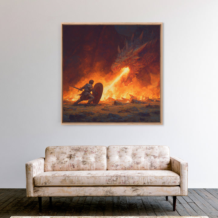 Knight Shielding From Dragon Fire Wall Art, Fantasy Canvas Print, Medieval Battle Decor, Gothic Warrior Gift For Him Print