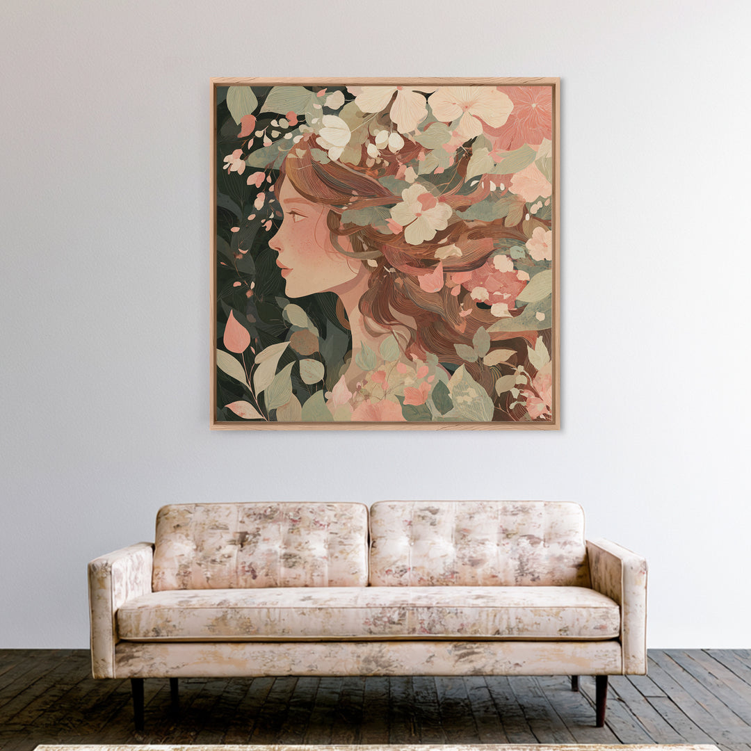 Botanical Woman Profile With Flowing Hair And Cream Flowers Wall Art, Art Nouveau Floral Print, Feminine Boho Living Room Decor Gift