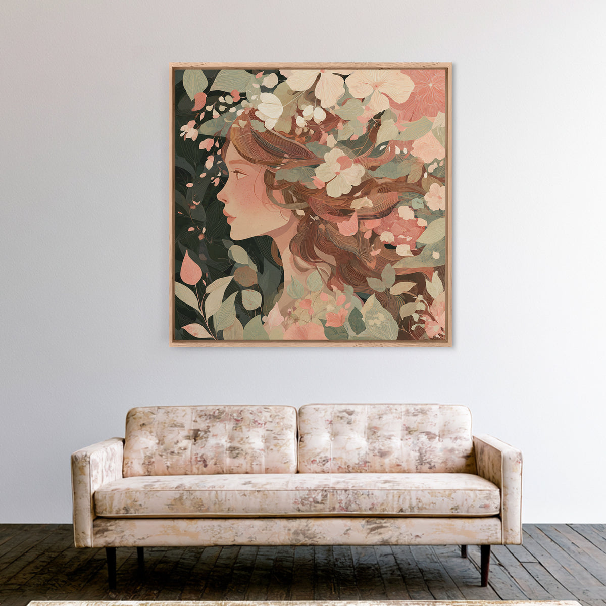 Botanical Woman Profile With Flowing Hair And Cream Flowers Wall Art, Art Nouveau Floral Print, Feminine Boho Living Room Decor Gift