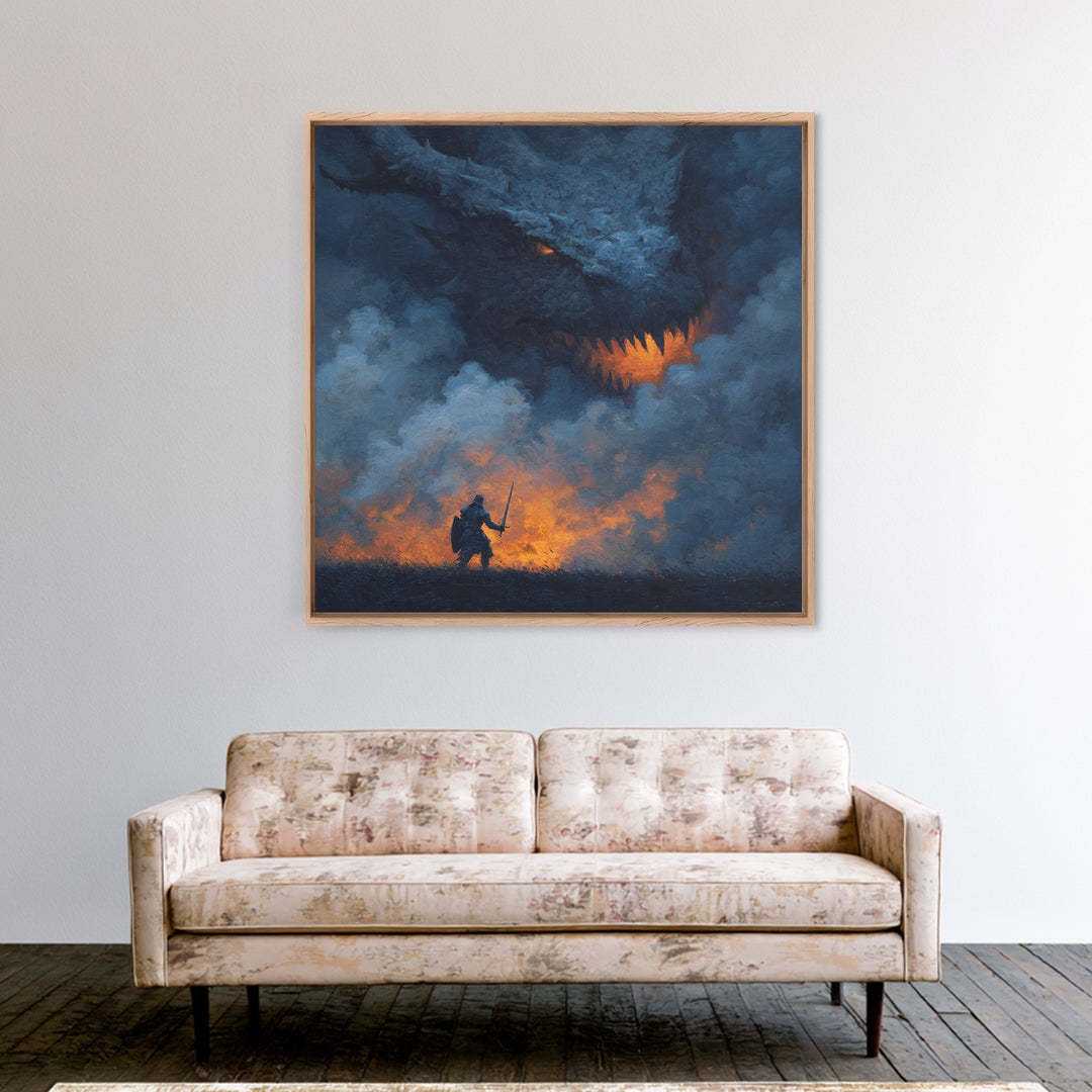 Dragon Looming Over Lone Knight In Smoke, Dark Fantasy Wall Art, Medieval Warrior Canvas Print, Gothic Game Room Decor Gift