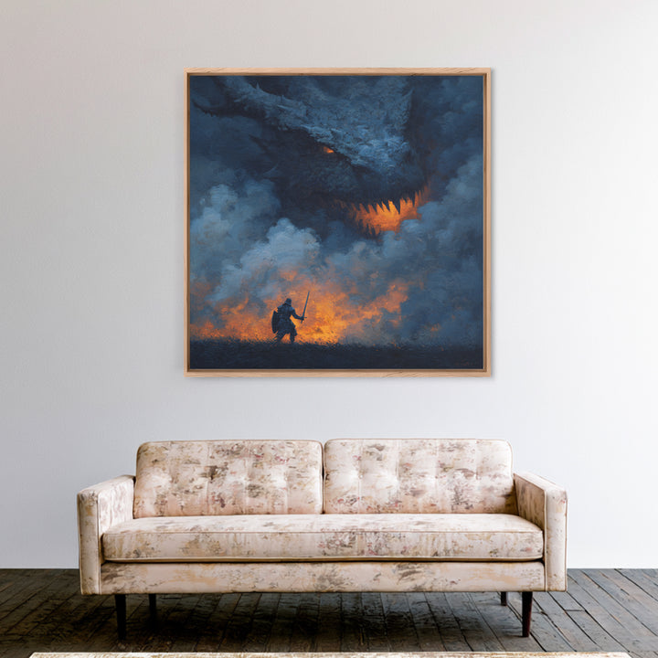 Dragon Looming Over Lone Knight In Smoke, Dark Fantasy Wall Art, Medieval Warrior Canvas Print, Gothic Game Room Decor Gift