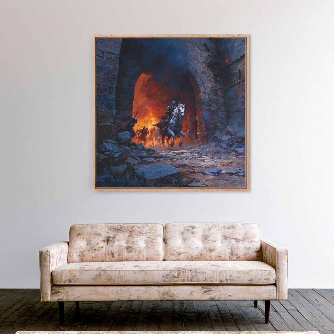 Mounted Knight Escaping Burning Castle Gate, Dark Fantasy Wall Art, Medieval Battle Canvas Print, Gothic Living Room Decor