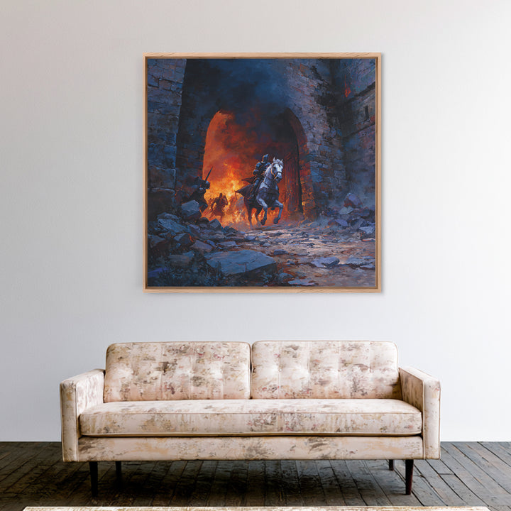 Mounted Knight Escaping Burning Castle Gate, Dark Fantasy Wall Art, Medieval Battle Canvas Print, Gothic Living Room Decor