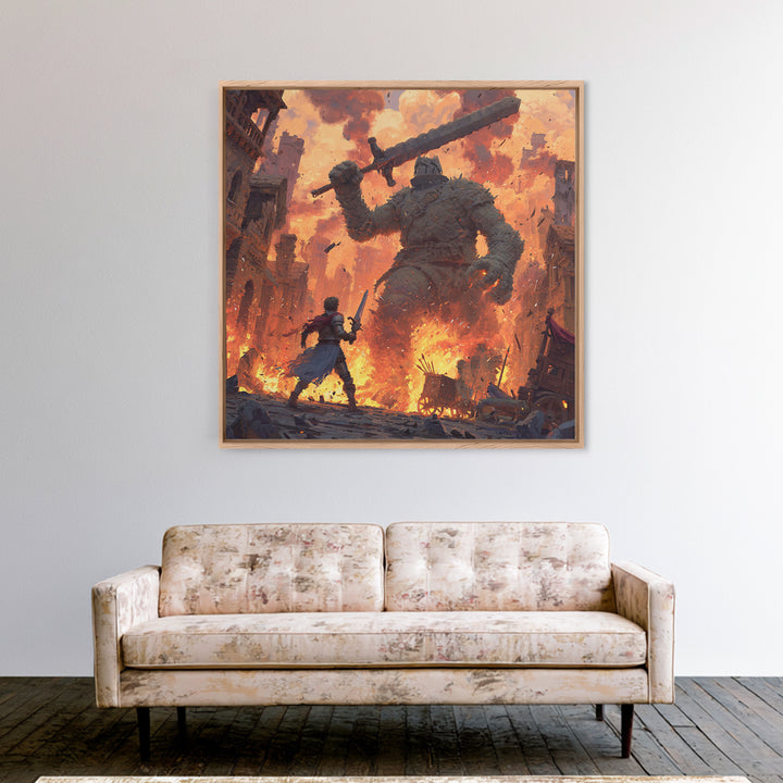 Giant Stone Warrior In Blazing City, Epic Fantasy Wall Art, Medieval Hero Canvas Print, Dramatic Game Room Decor Gift For Him