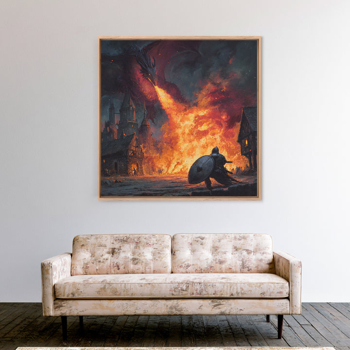 Fire Breathing Dragon Above Shielded Knight, Dark Fantasy Wall Art, Medieval Village Canvas Print, Gothic Castle Decor Gift