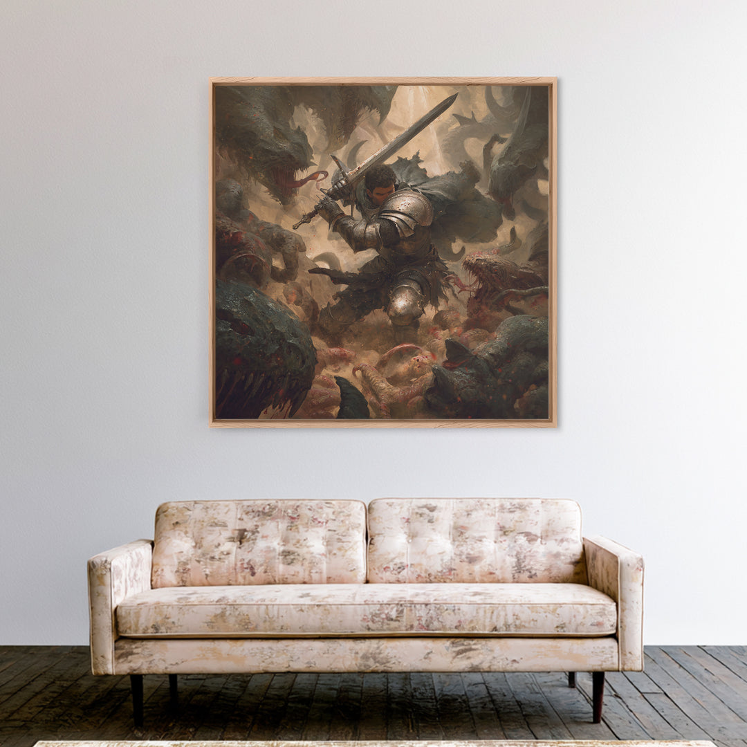 Armored Warrior Battling Monsters With Sword, Dark Fantasy Wall Art, Medieval Knight Canvas Print, Gothic Dungeon Decor Gift