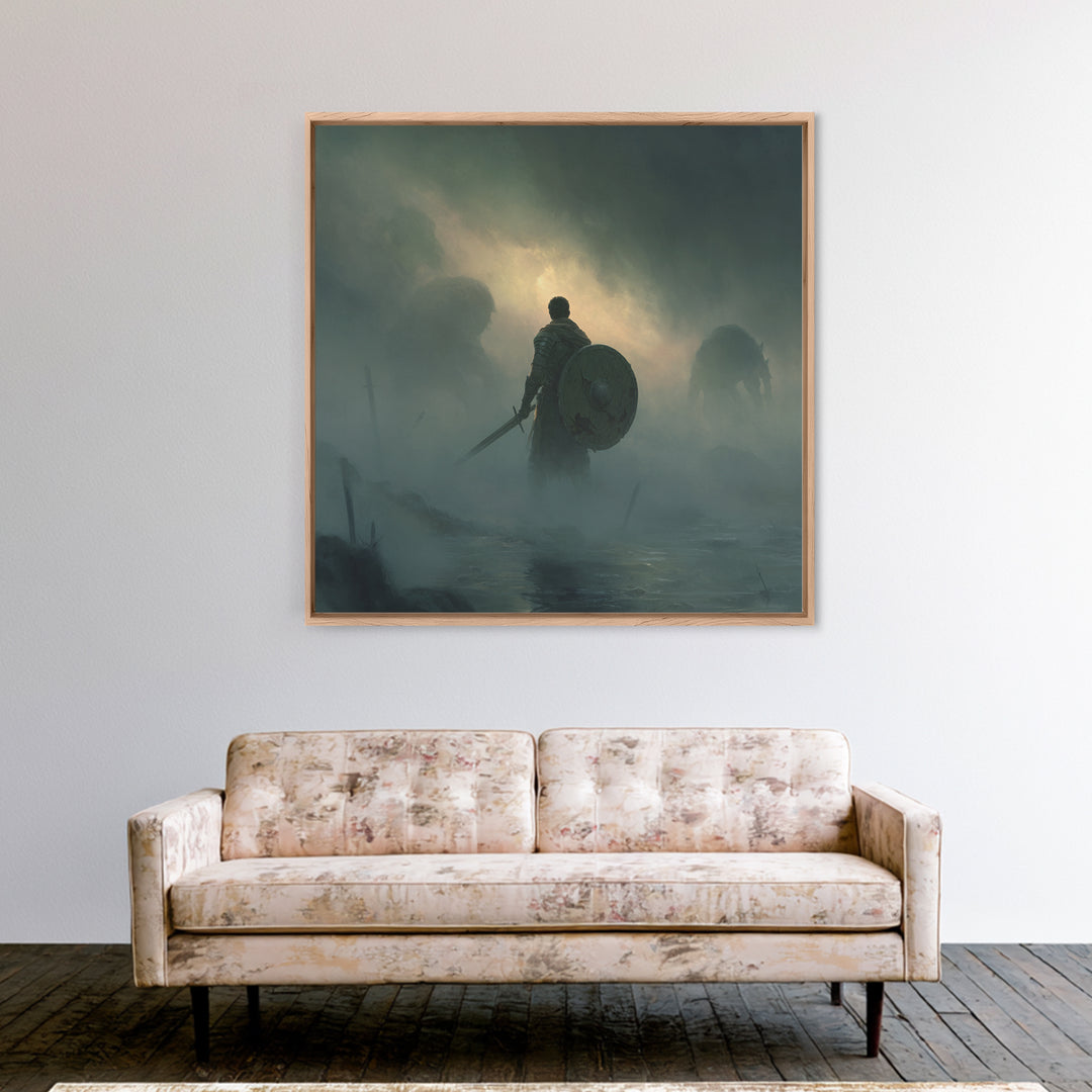 Lone Knight Facing Shadow Giants In Fog, Moody Fantasy Wall Art, Medieval Warrior Canvas Print, Dark Academia Decor Gift