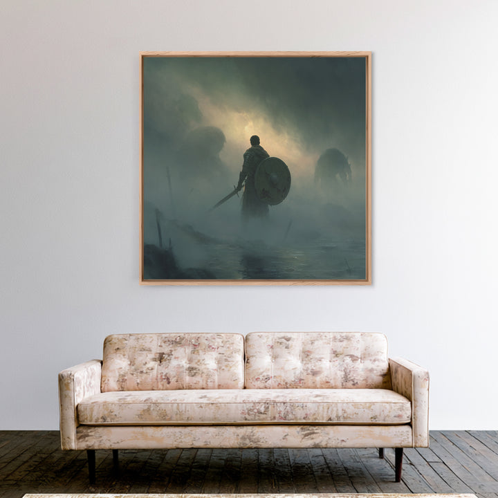 Lone Knight Facing Shadow Giants In Fog, Moody Fantasy Wall Art, Medieval Warrior Canvas Print, Dark Academia Decor Gift