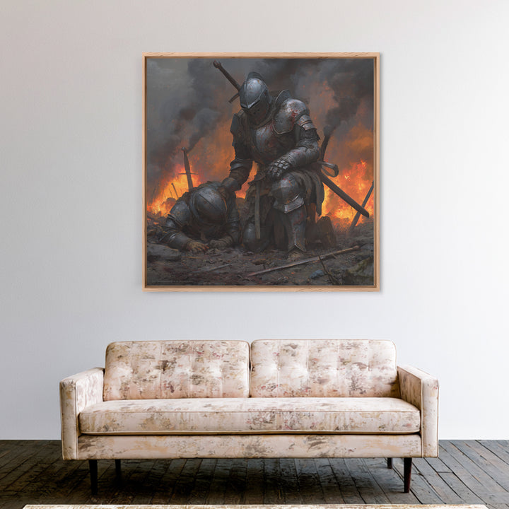 Bloodied Knight Kneeling On Fiery Battlefield, Dark Fantasy Wall Art, Medieval Armor Canvas Print, Gothic Warrior Decor Gift