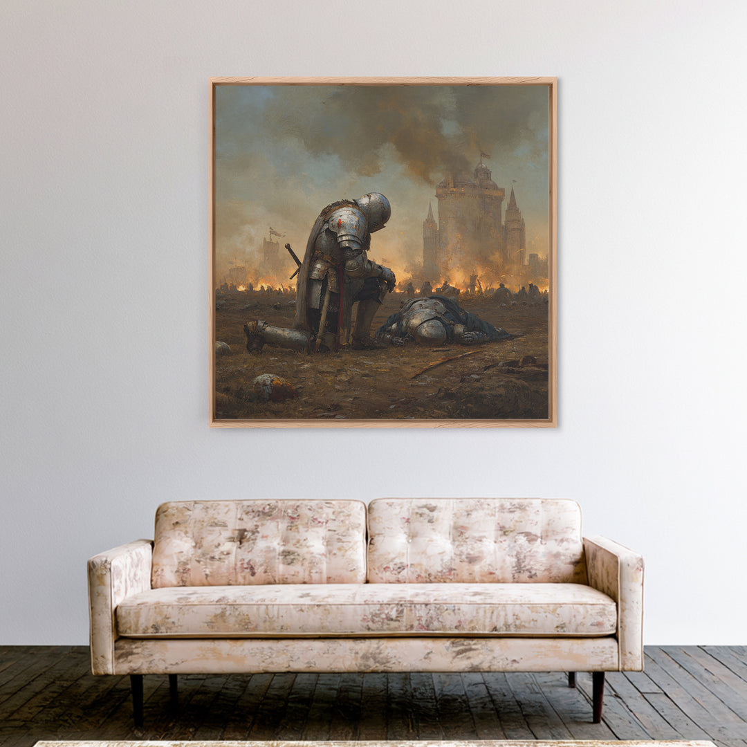 Kneeling Knight In War Torn Field By Castle, Medieval Wall Art, Dark Fantasy Canvas Print, Moody Living Room Decor Gift For Him