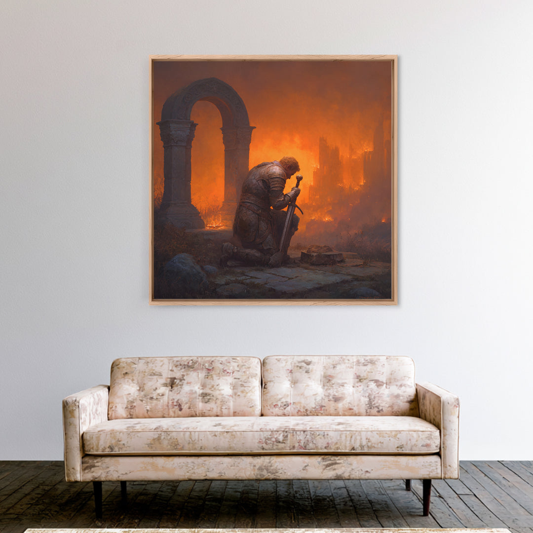 Knight Praying Beside Sword In Burning Ruins, Dark Fantasy Wall Art, Medieval Canvas Print, Gothic Castle Decor Gift For Him
