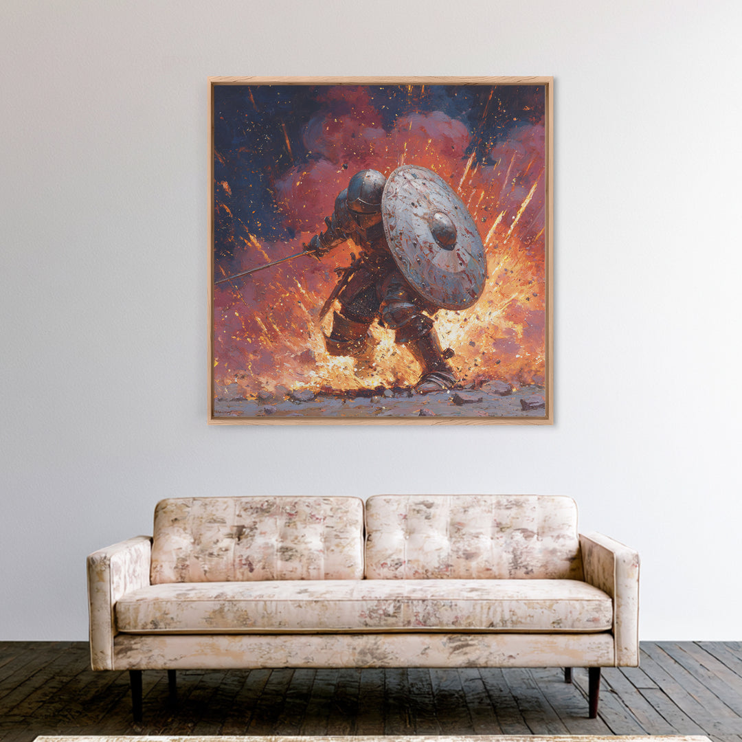 Shielded Knight Charging Through Exploding Fire, Dark Fantasy Wall Art, Medieval Battle Canvas Print, Gothic Game Room Decor