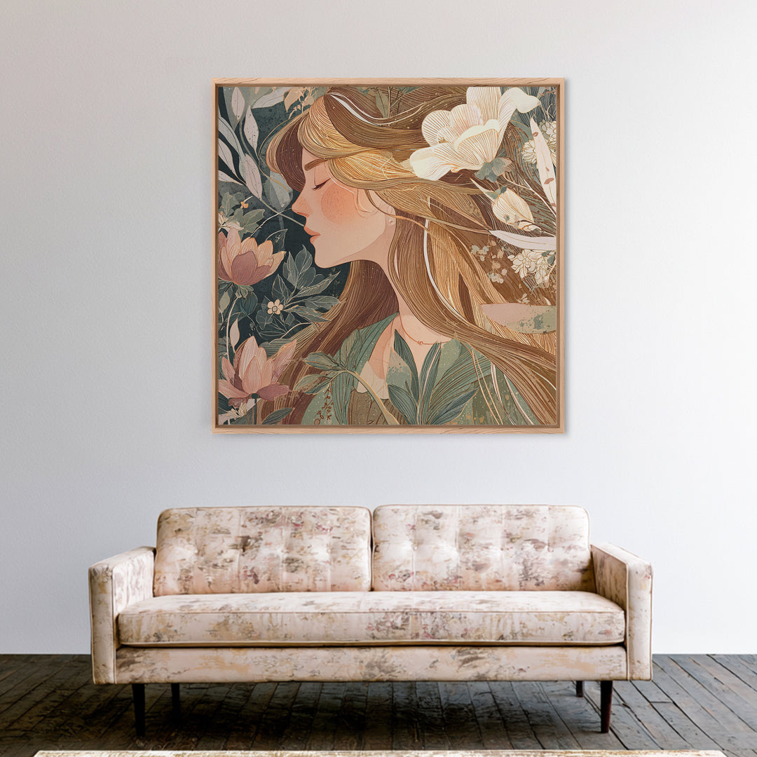 Blonde Woman In Blooming Garden Wall Art, Art Nouveau Floral Canvas Print, Feminine Botanical Decor, Romantic Bedroom Art