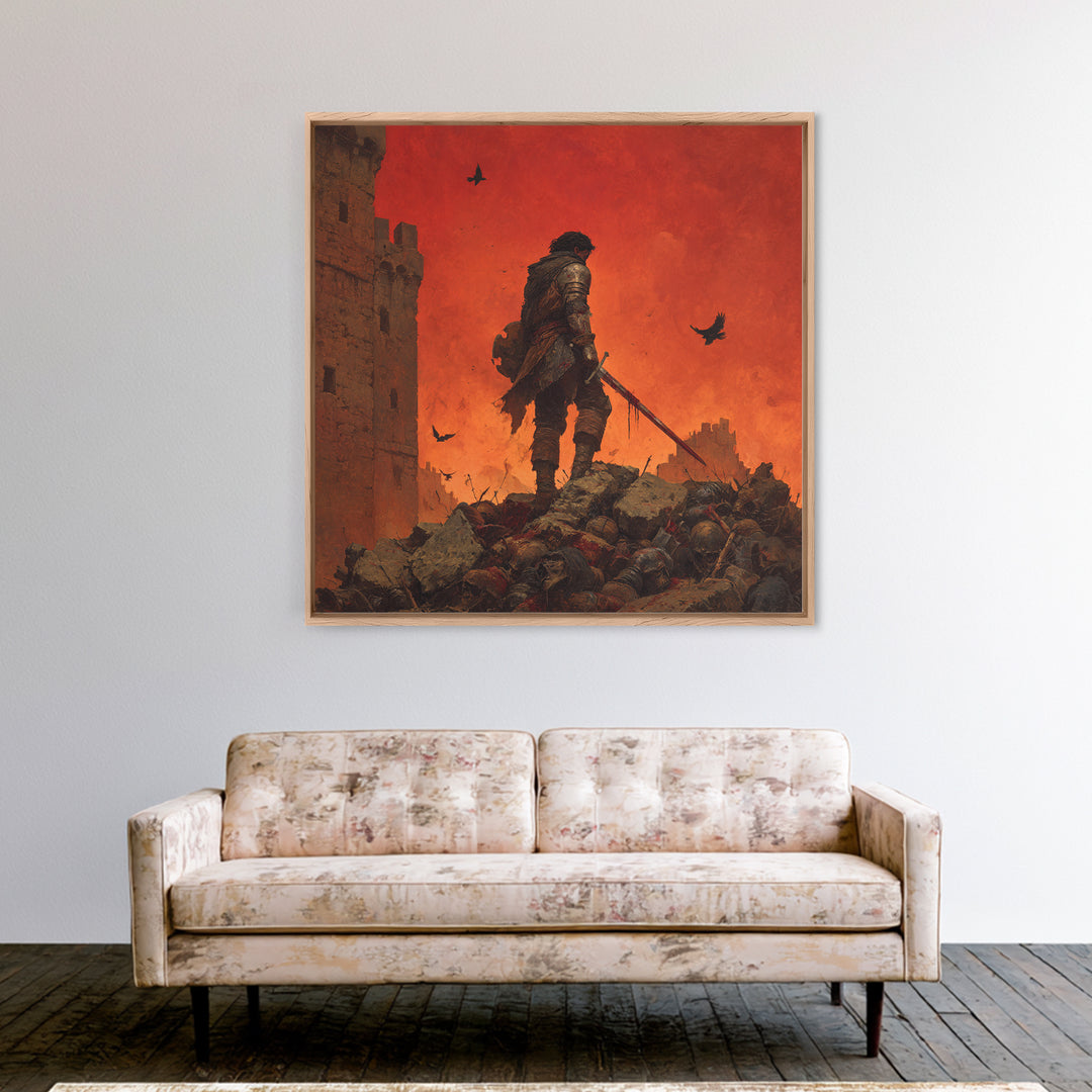 Lone Medieval Warrior On Red Battlefield Wall Art, Dark Fantasy Castle Canvas, Gothic Knight Decor, Dramatic Game Room Print