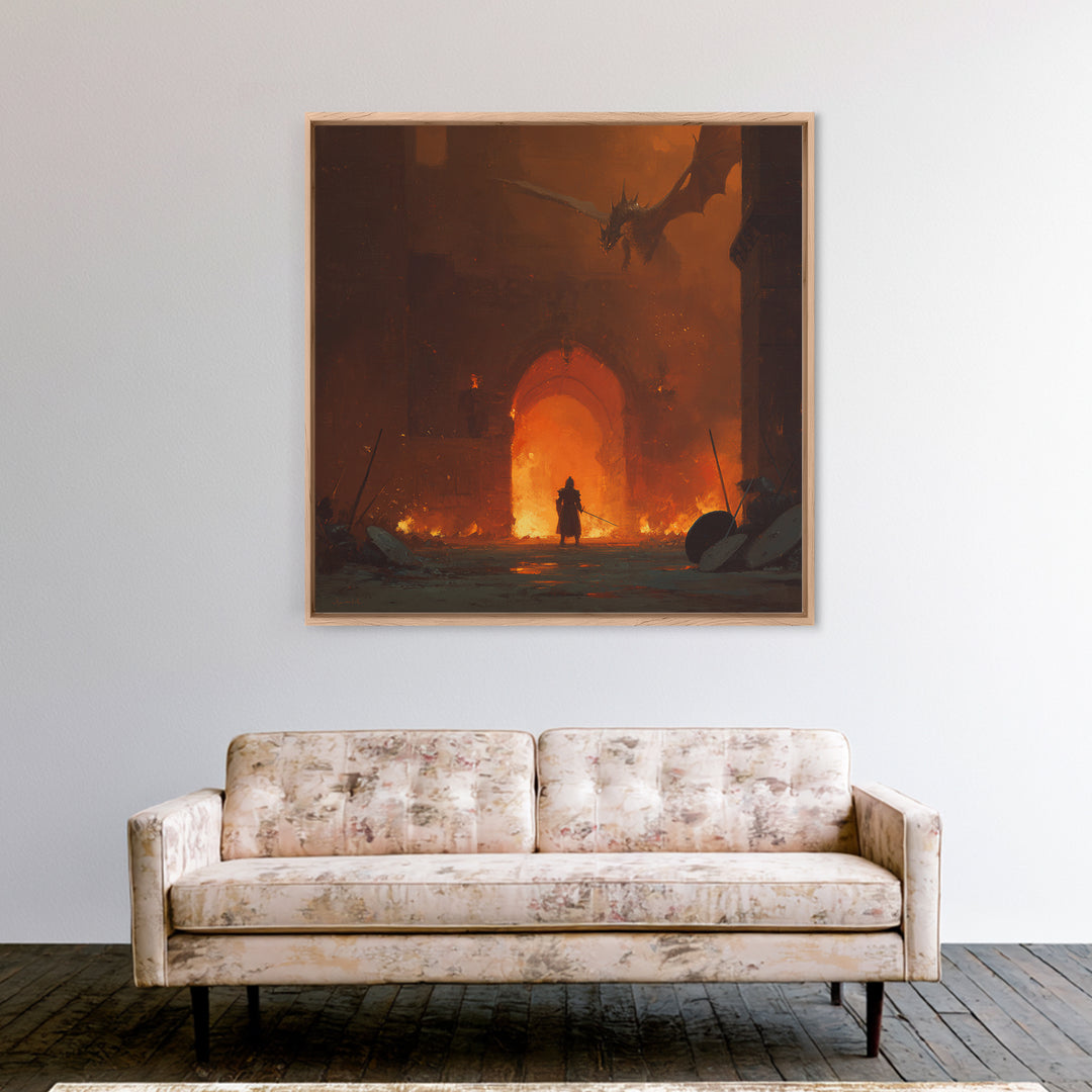 Dragon Above Burning Castle Gate Framed Canvas Print, Dark Fantasy Wall Art, Medieval Warrior Decor, Gothic Game Room Poster