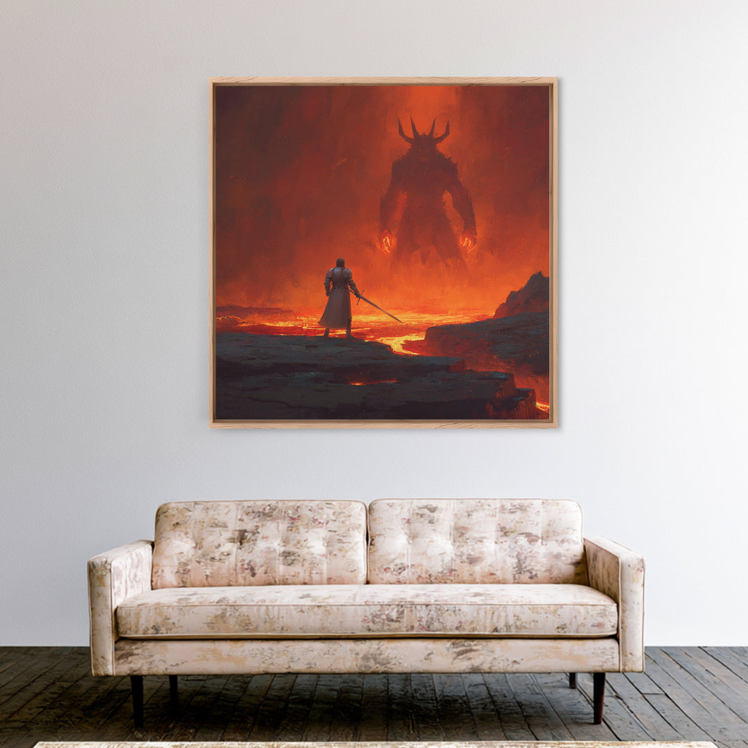 Knight Facing Fiery Demon In Lava Realm Canvas Print, Dark Fantasy Wall Art, Gothic Battle Decor, Epic Gaming Room Poster
