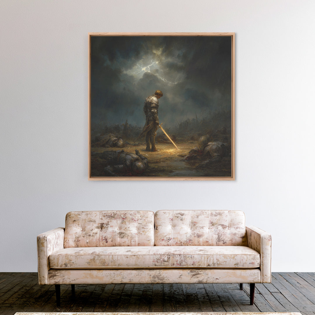 Stormlit Knight With Glowing Sword Wall Art, Dark Fantasy Battlefield Print, Gothic Medieval Decor, Dramatic Office Wall Art