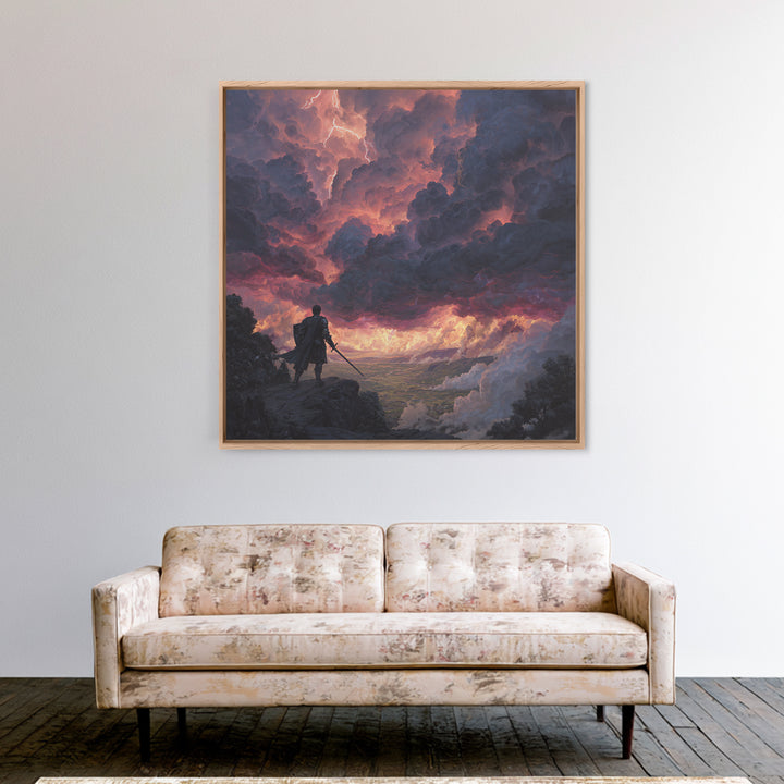 Warrior Beneath Thundercloud Sky Canvas Print, Dramatic Fantasy Landscape Wall Art, Lightning Storm Decor, Moody Wall Decor