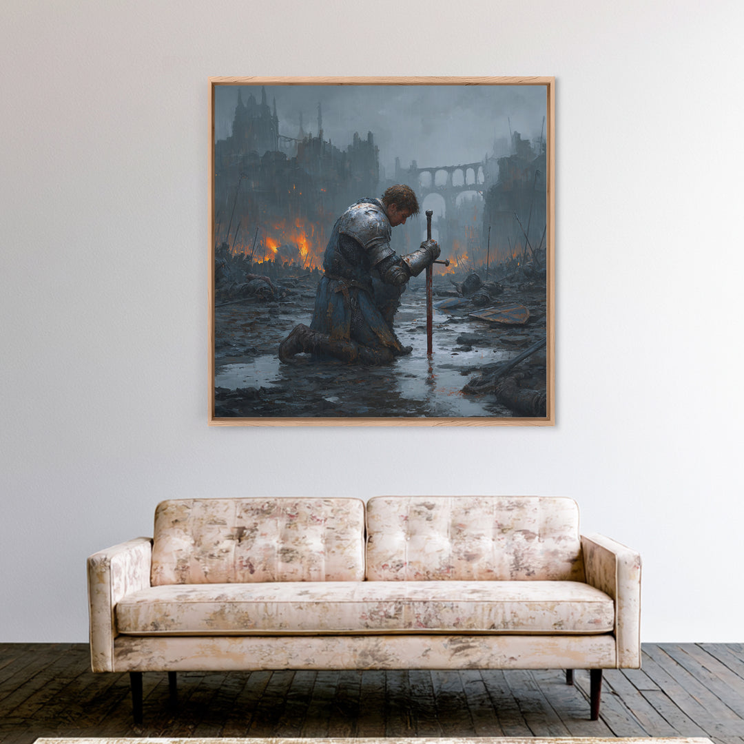 Kneeling Knight In Rainy Ruins Framed Canvas Print, Dark Fantasy Wall Art, Medieval Castle Decor, Moody Battlefield Art Print