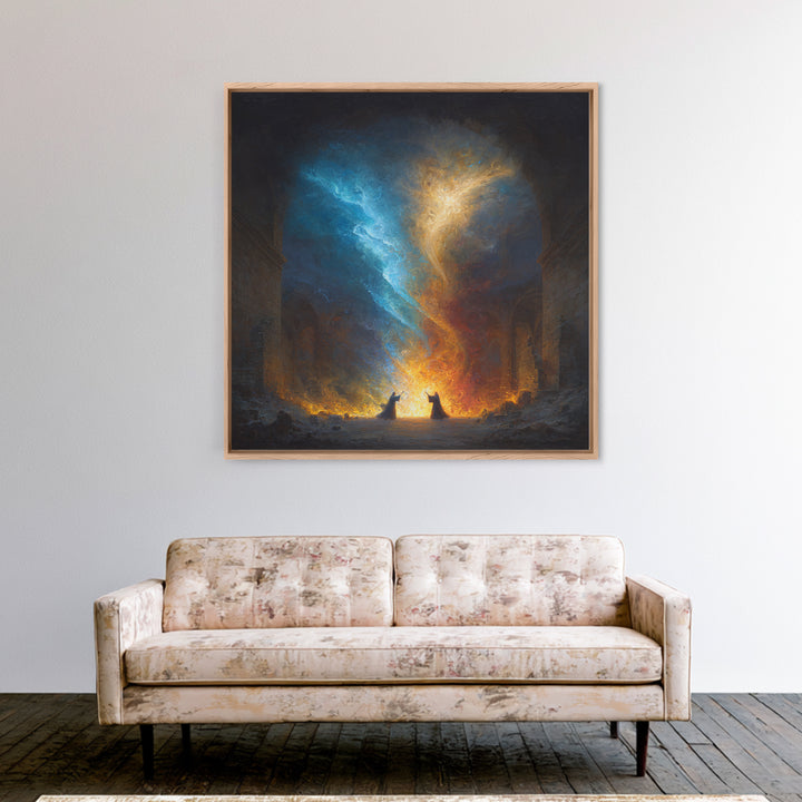 Twin Mages Casting Blue Gold Spell Canvas Print, Fantasy Magic Wall Art, Mystical Abstract Energy Decor, Wizard Wall Art