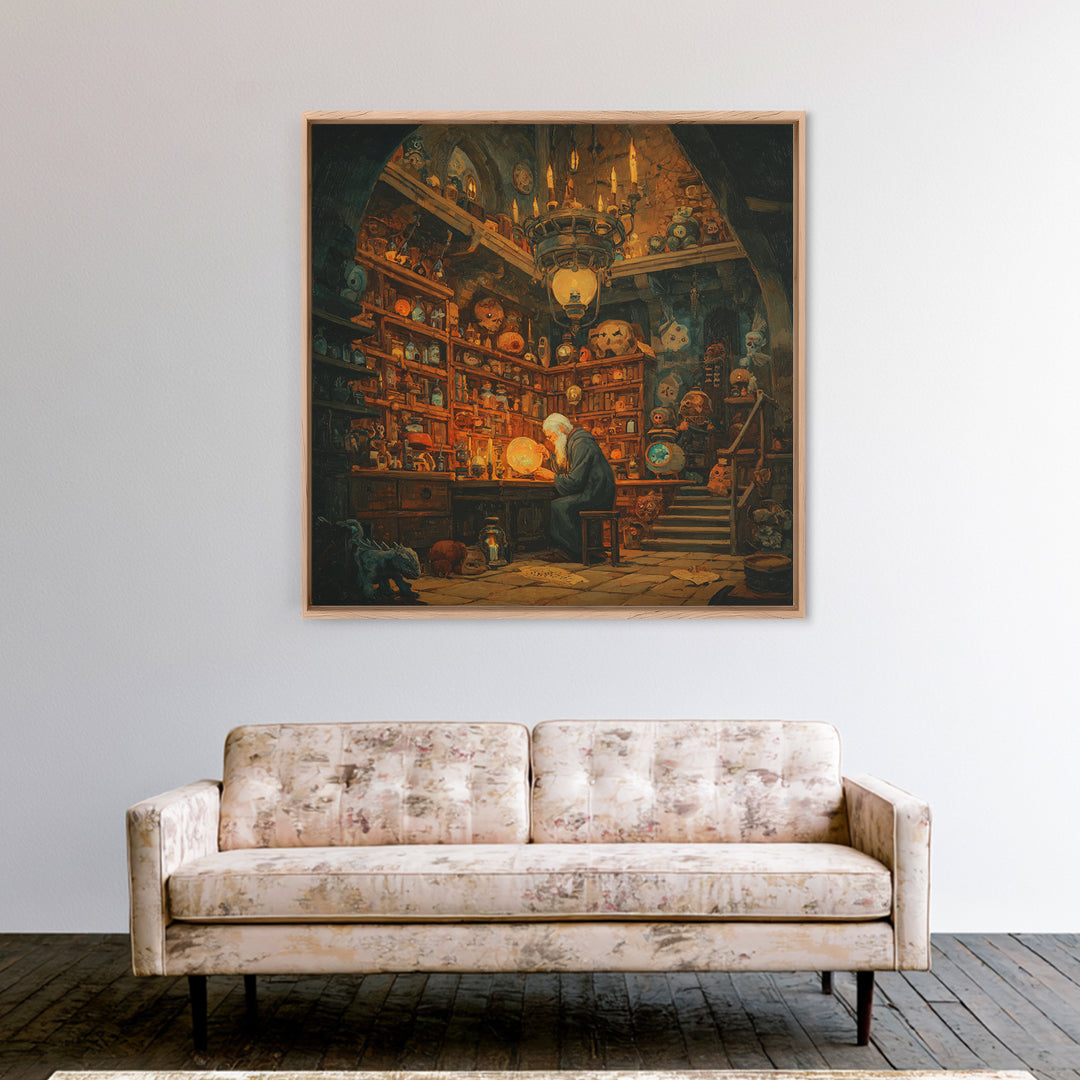 Old Wizard In Magical Curiosity Shop Wall Art, Fantasy Library Decor, Whimsical Alchemist Canvas, Dark Academia Home Decor Print