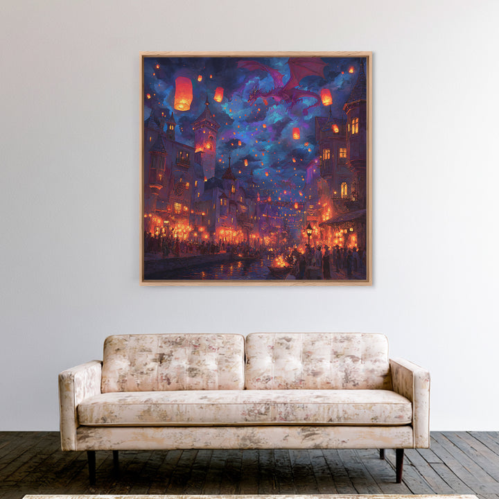 Purple Dragon Over Lantern Festival Wall Art, Whimsical Fantasy City Canvas, Magical Night Decor, Colorful Kids Room Poster